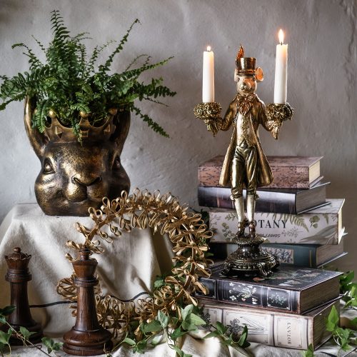 Ljusstake mus guld 46 cm med hatt och frack