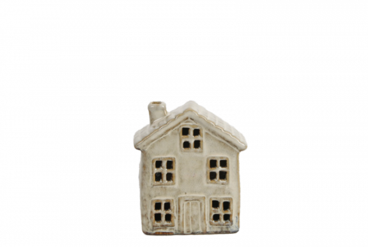 Dekorationshus i beige keramik 8x9cm – juldekoration och inredningsdetalj