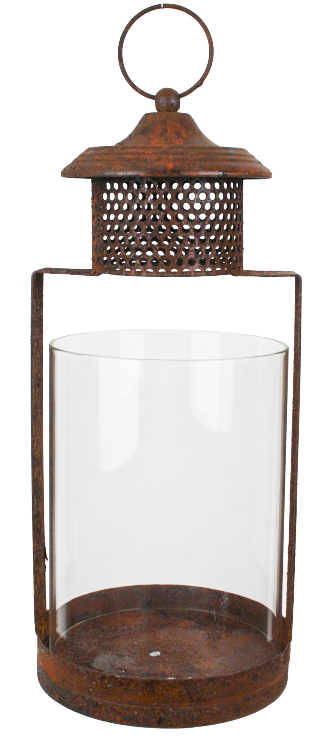 Stor lykta i rostfinish med stormglas, 18x43 cm